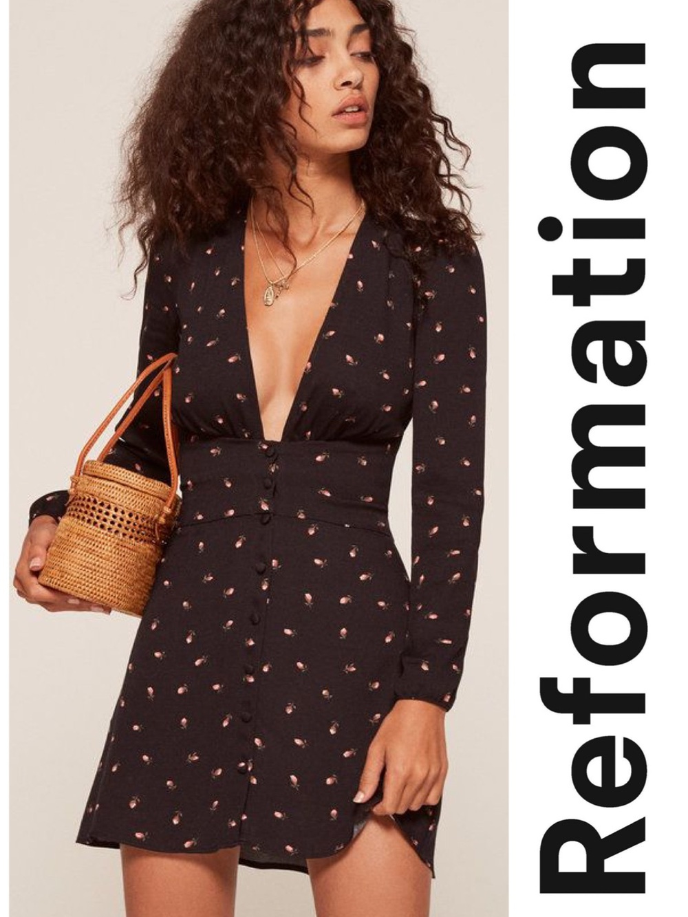 Reformation Elizabeth Mini Black Dress with Pink Floral Motif